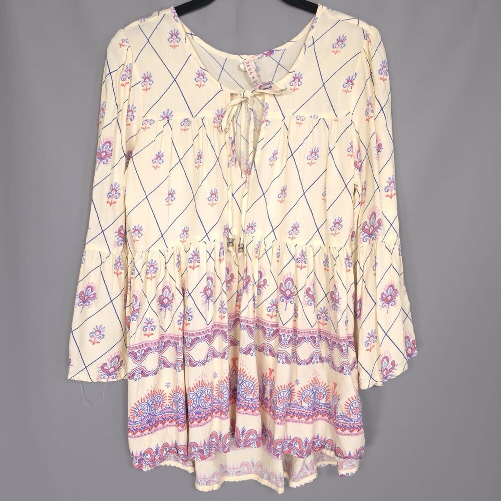 RAGA Anthropologie Top Women’s MEDIUM Juanita Ivory Printed Bell Sleeve Tie Neck